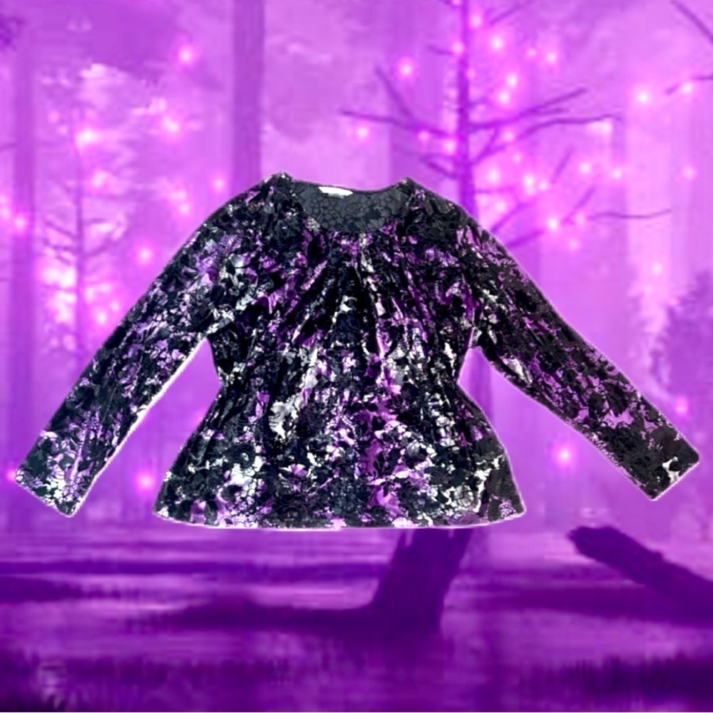 Crushed Velvet Whimsigoth Burnout Purple and Black Floral Long Sleeve Top